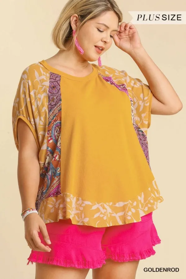 Mixed Print Short Sleeve Top, Goldenrod