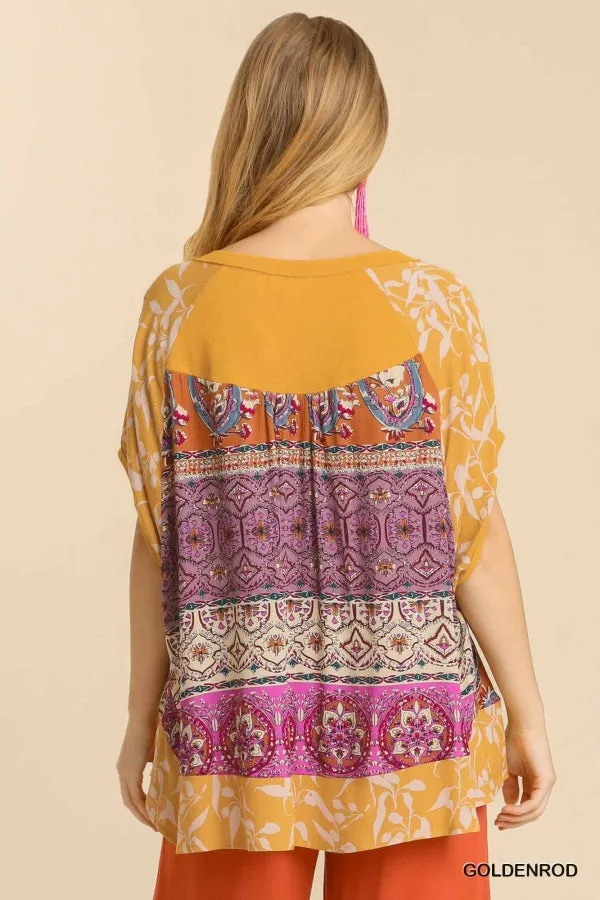 Mixed Print Short Sleeve Top, Goldenrod