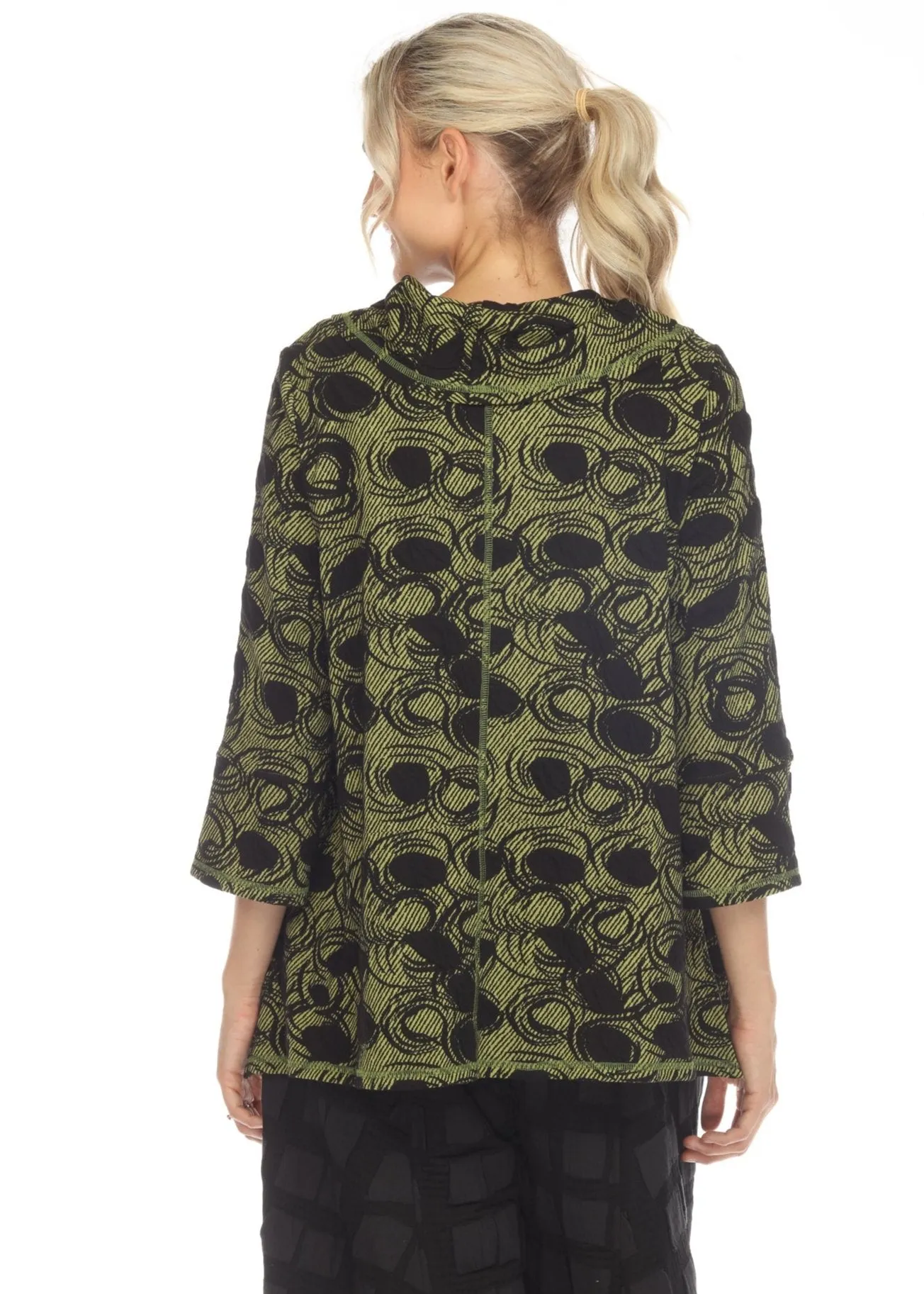 Moonlight Textured Circle Print Drape Neck Tunic Top in Green- 3633