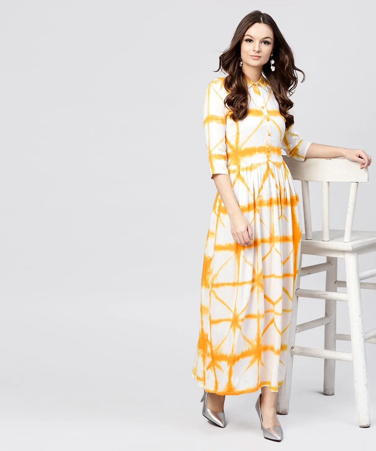 Multi Tie And Dyed Shirt Collar Maxi Dress With Box Pleats And 3/4 Sleeves