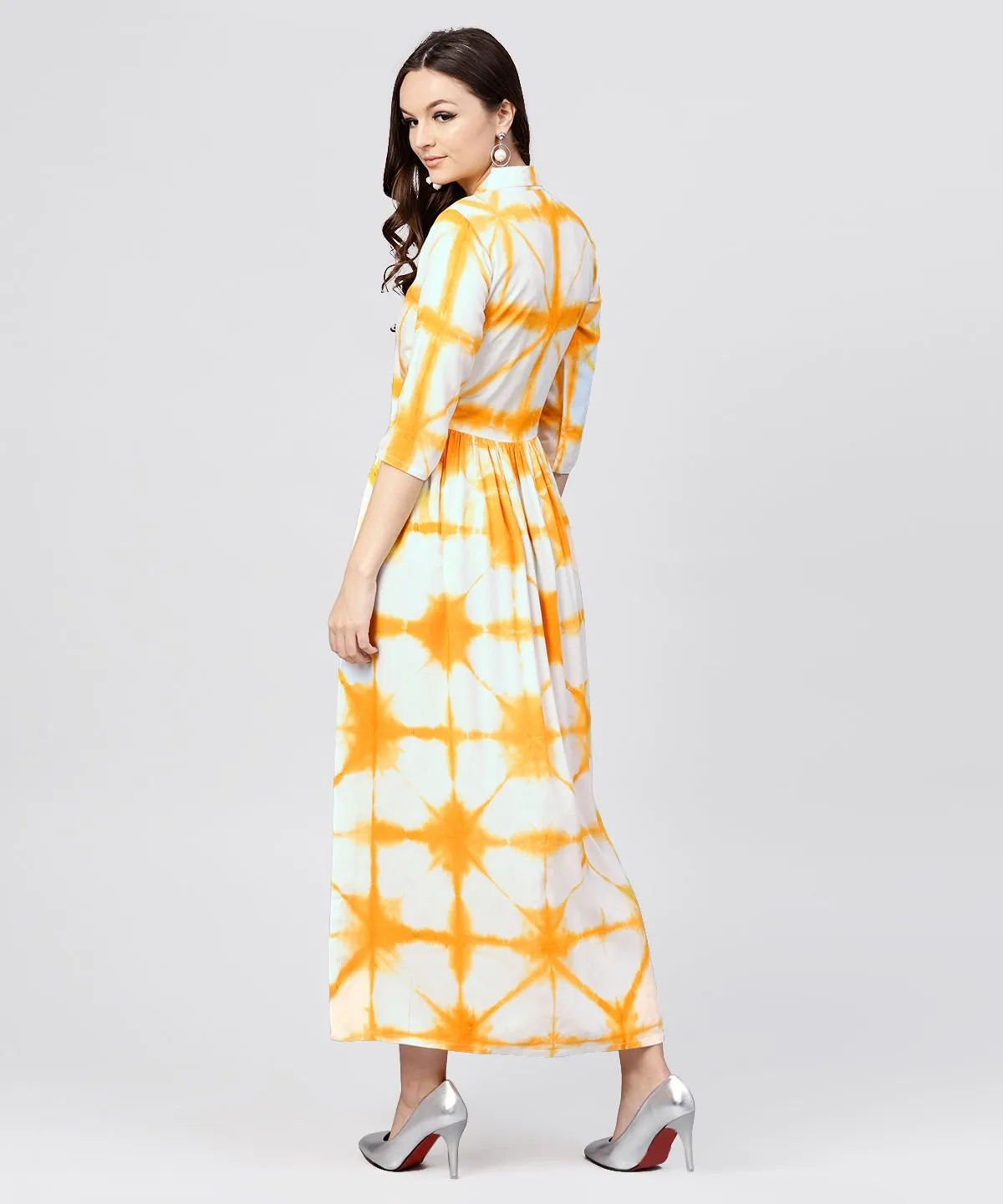 Multi Tie And Dyed Shirt Collar Maxi Dress With Box Pleats And 3/4 Sleeves