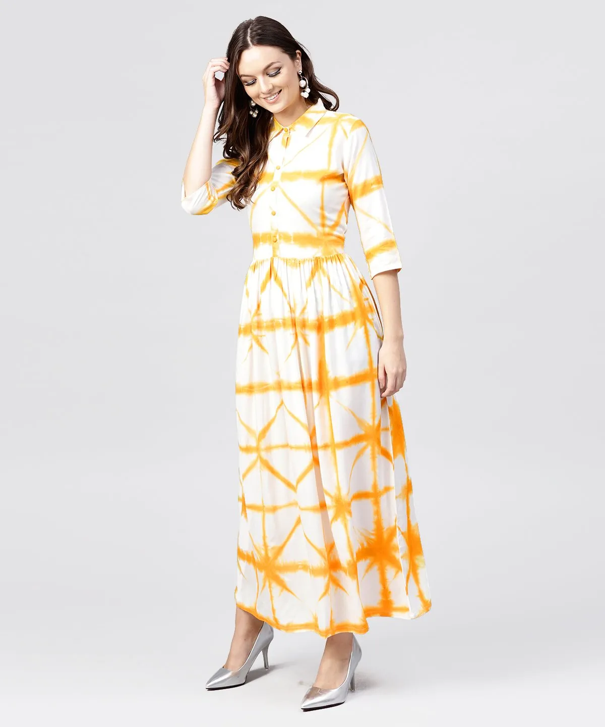 Multi Tie And Dyed Shirt Collar Maxi Dress With Box Pleats And 3/4 Sleeves