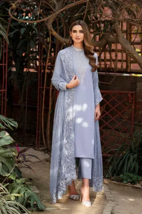 Natasha Kamal - Cornflower Blue Embroidered Shirt and Pants with Mukesh Chiffon Dupatta - 3 Pieces