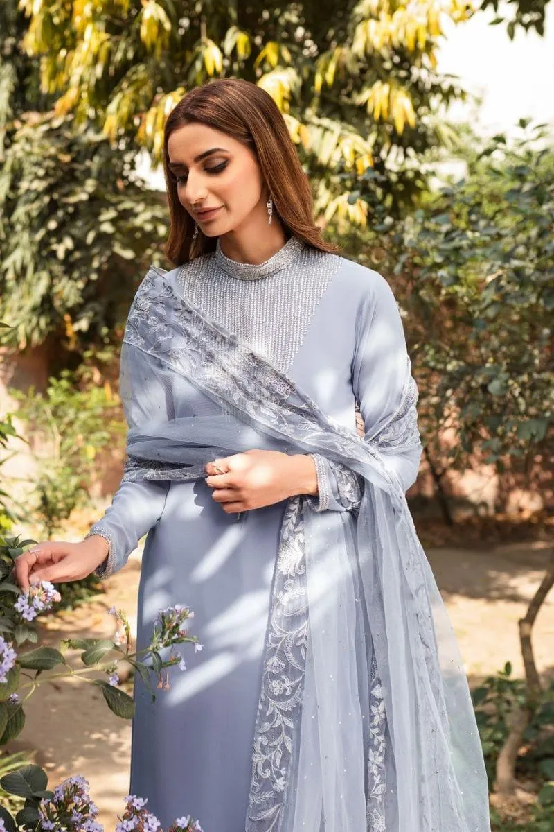 Natasha Kamal - Cornflower Blue Embroidered Shirt and Pants with Mukesh Chiffon Dupatta - 3 Pieces