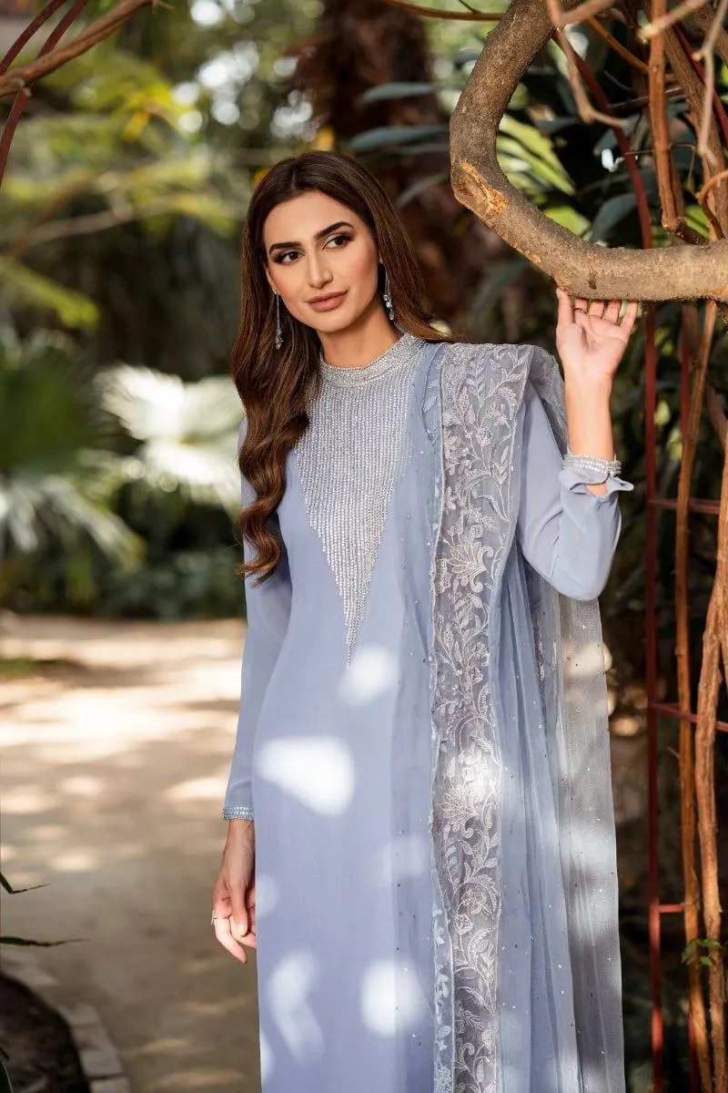 Natasha Kamal - Cornflower Blue Embroidered Shirt and Pants with Mukesh Chiffon Dupatta - 3 Pieces