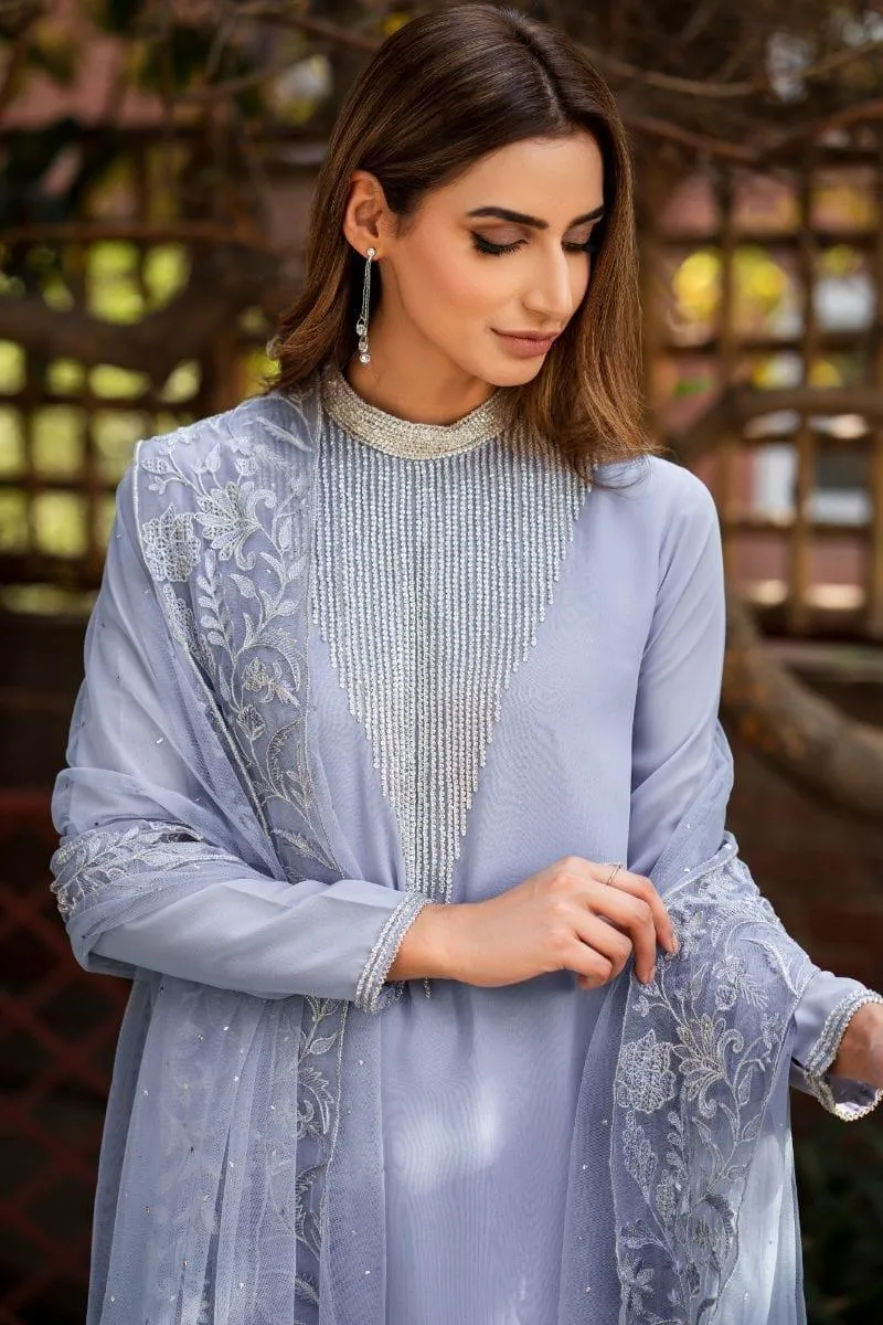 Natasha Kamal - Cornflower Blue Embroidered Shirt and Pants with Mukesh Chiffon Dupatta - 3 Pieces