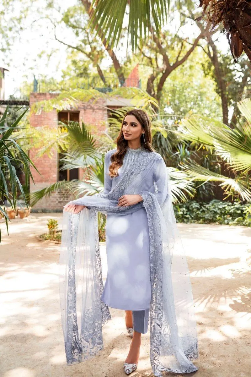 Natasha Kamal - Cornflower Blue Embroidered Shirt and Pants with Mukesh Chiffon Dupatta - 3 Pieces