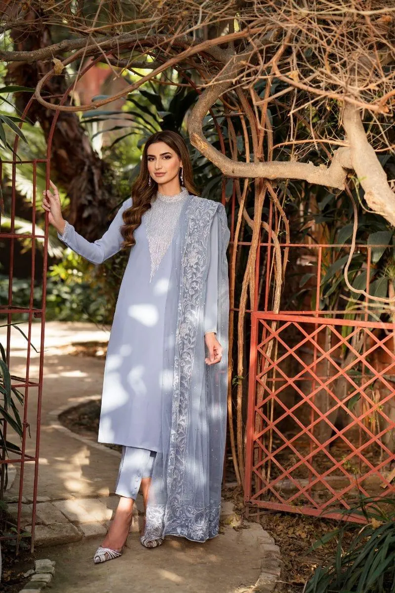 Natasha Kamal - Cornflower Blue Embroidered Shirt and Pants with Mukesh Chiffon Dupatta - 3 Pieces