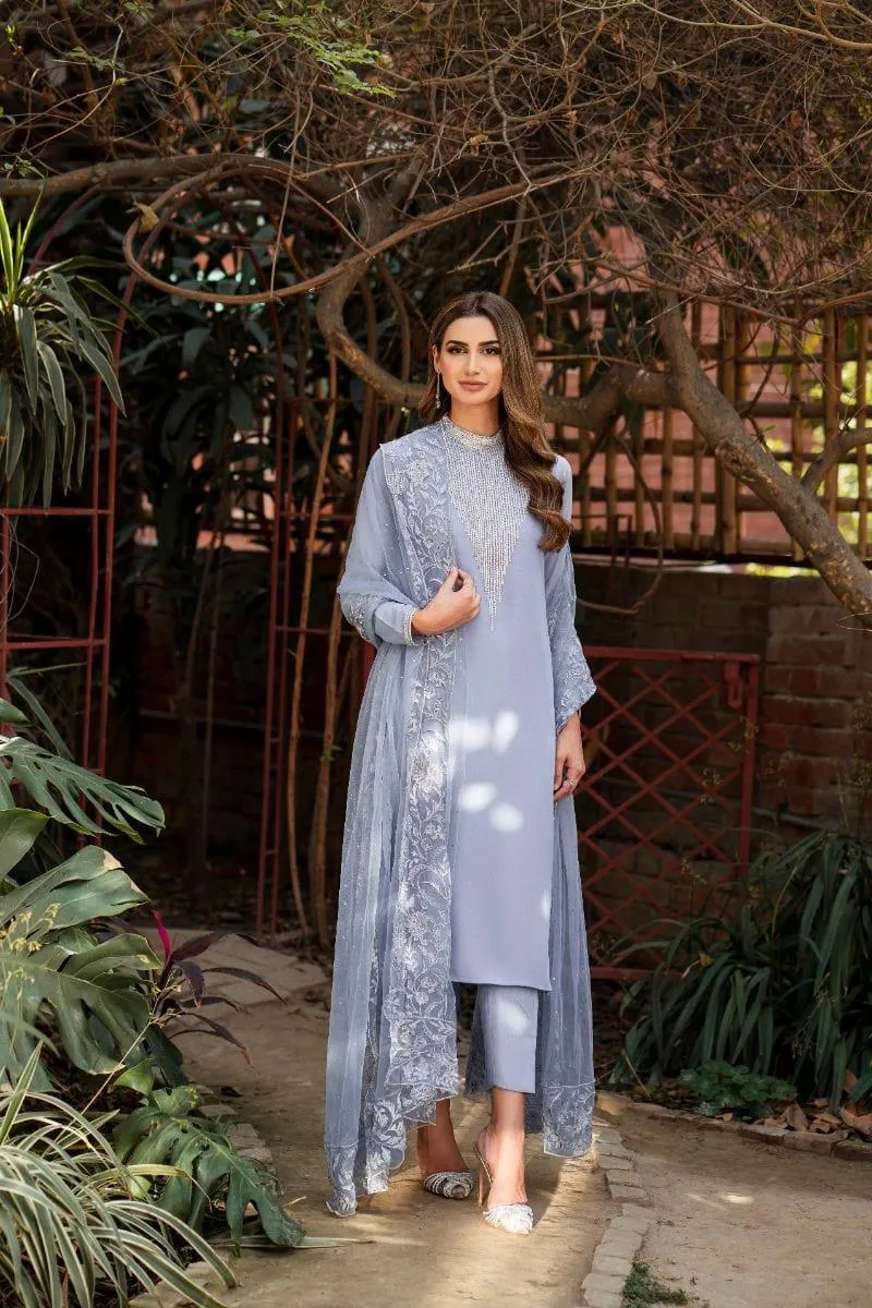 Natasha Kamal - Cornflower Blue Embroidered Shirt and Pants with Mukesh Chiffon Dupatta - 3 Pieces