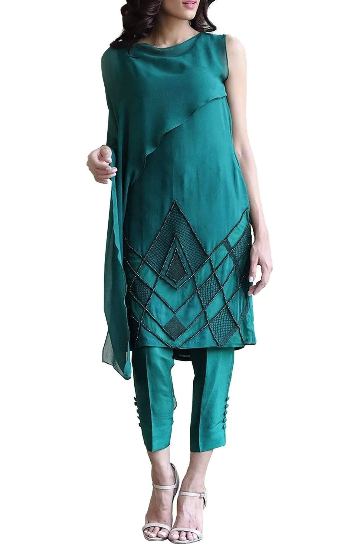 Natasha Kamal - Crystal Chiffon Tunic With Raw Silk Pants & Dupatta