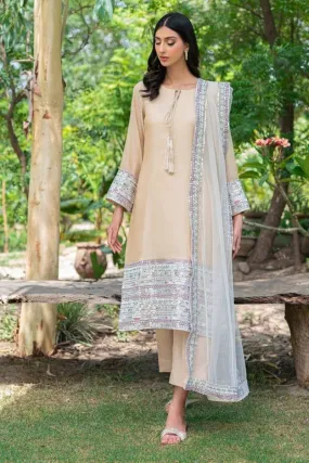 Natasha Kamal - Nude Cotton Net Shirt and Viscose Silk Pants with Net Dupatta - 3 Pieces