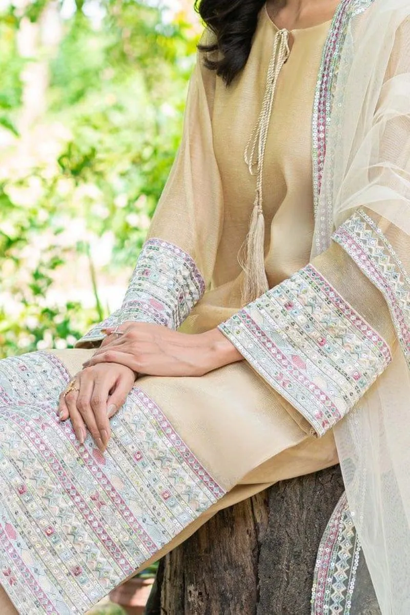 Natasha Kamal - Nude Cotton Net Shirt and Viscose Silk Pants with Net Dupatta - 3 Pieces