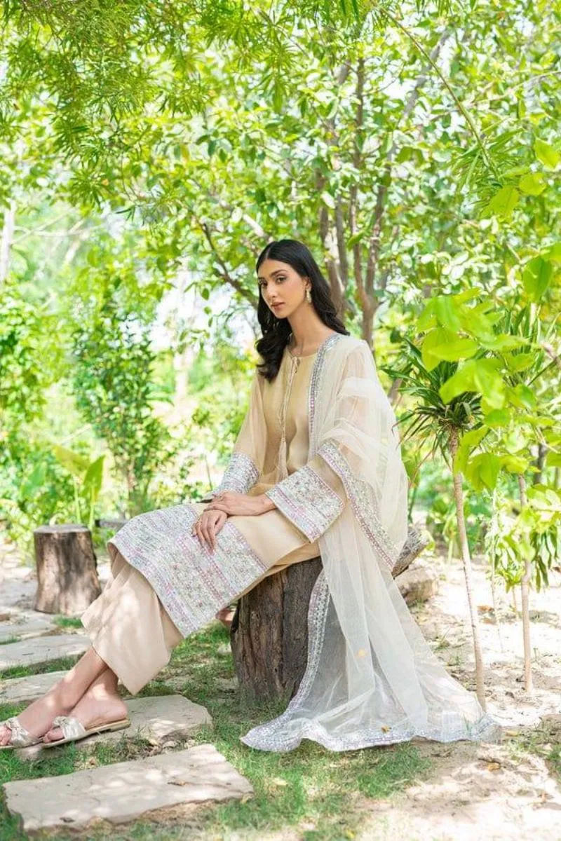 Natasha Kamal - Nude Cotton Net Shirt and Viscose Silk Pants with Net Dupatta - 3 Pieces