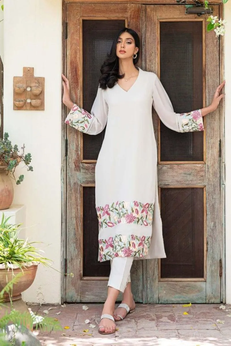 Natasha Kamal - Nude Floral Georgette Shirt and Viscose Silk Pants with Net Dupatta - 3 Pieces