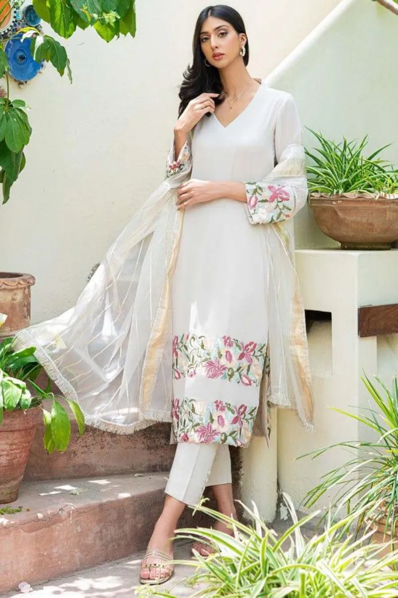 Natasha Kamal - Nude Floral Georgette Shirt and Viscose Silk Pants with Net Dupatta - 3 Pieces