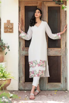 Natasha Kamal - Nude Floral Georgette Shirt and Viscose Silk Pants with Net Dupatta - 3 Pieces