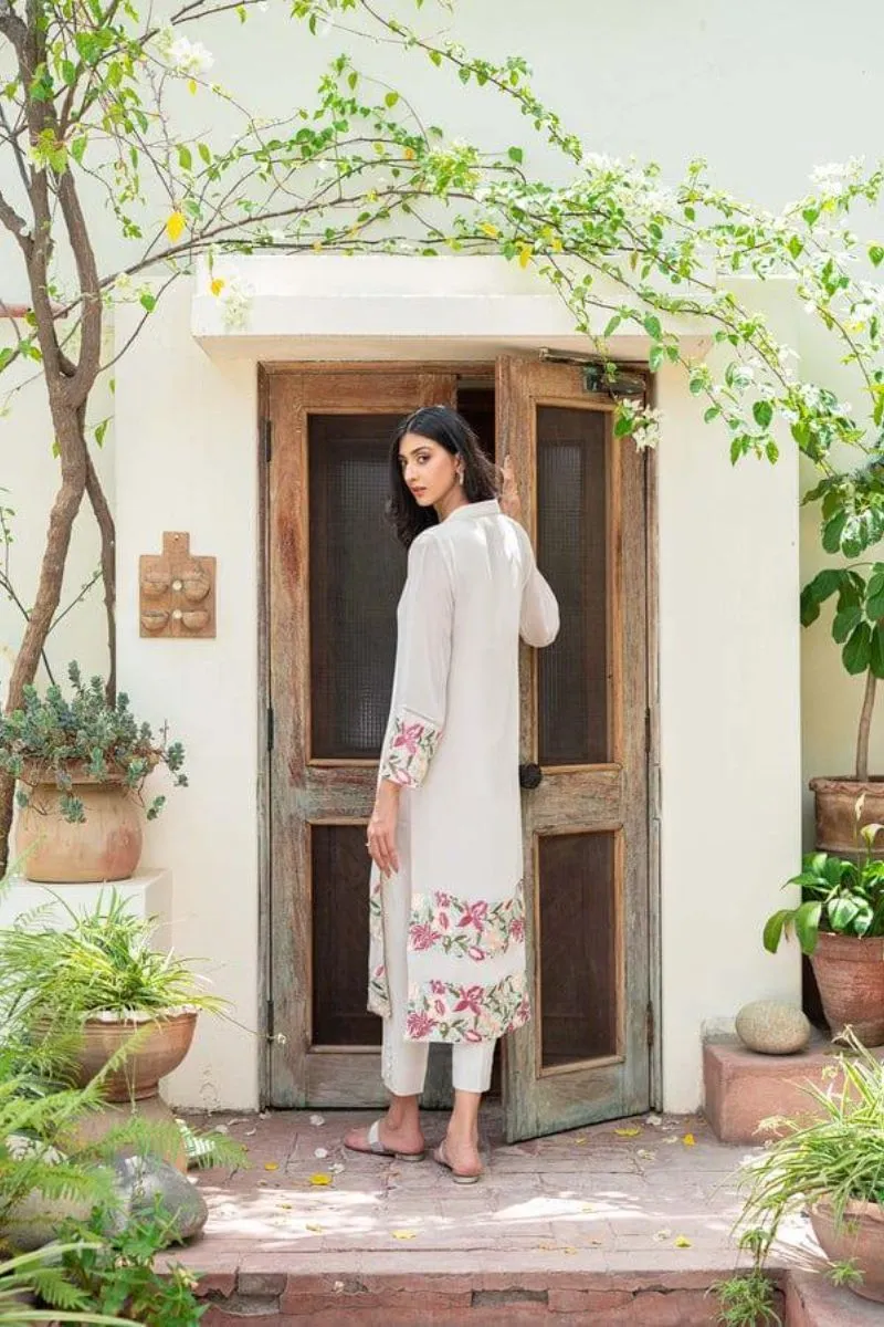 Natasha Kamal - Nude Floral Georgette Shirt and Viscose Silk Pants with Net Dupatta - 3 Pieces