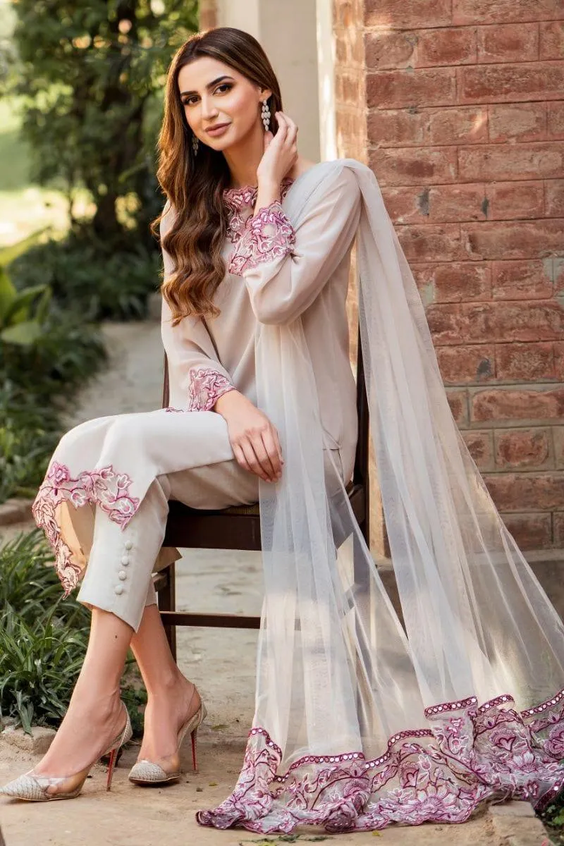 Natasha Kamal - Parfait Nude Embroidered Shirt and Pants with Net Dupatta - 3 Pieces