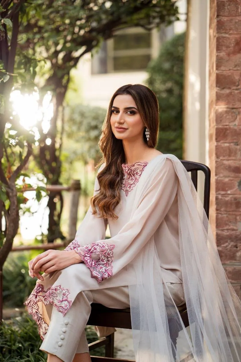 Natasha Kamal - Parfait Nude Embroidered Shirt and Pants with Net Dupatta - 3 Pieces