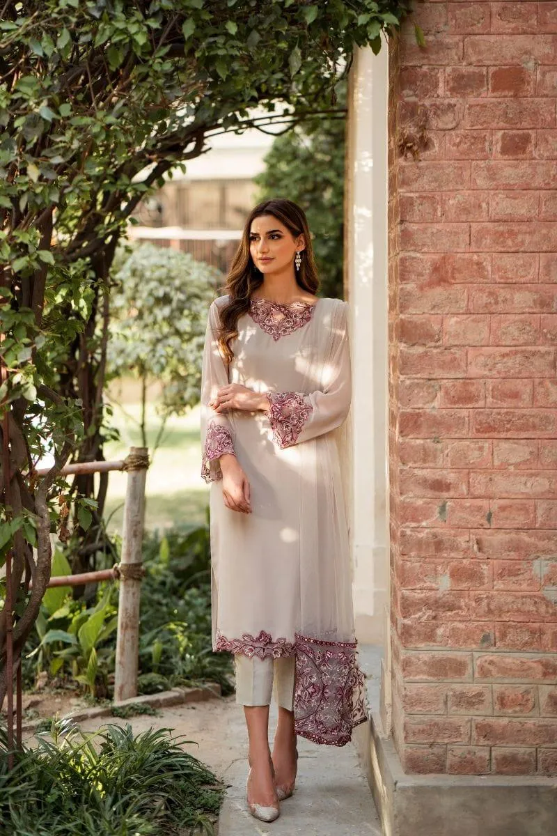 Natasha Kamal - Parfait Nude Embroidered Shirt and Pants with Net Dupatta - 3 Pieces