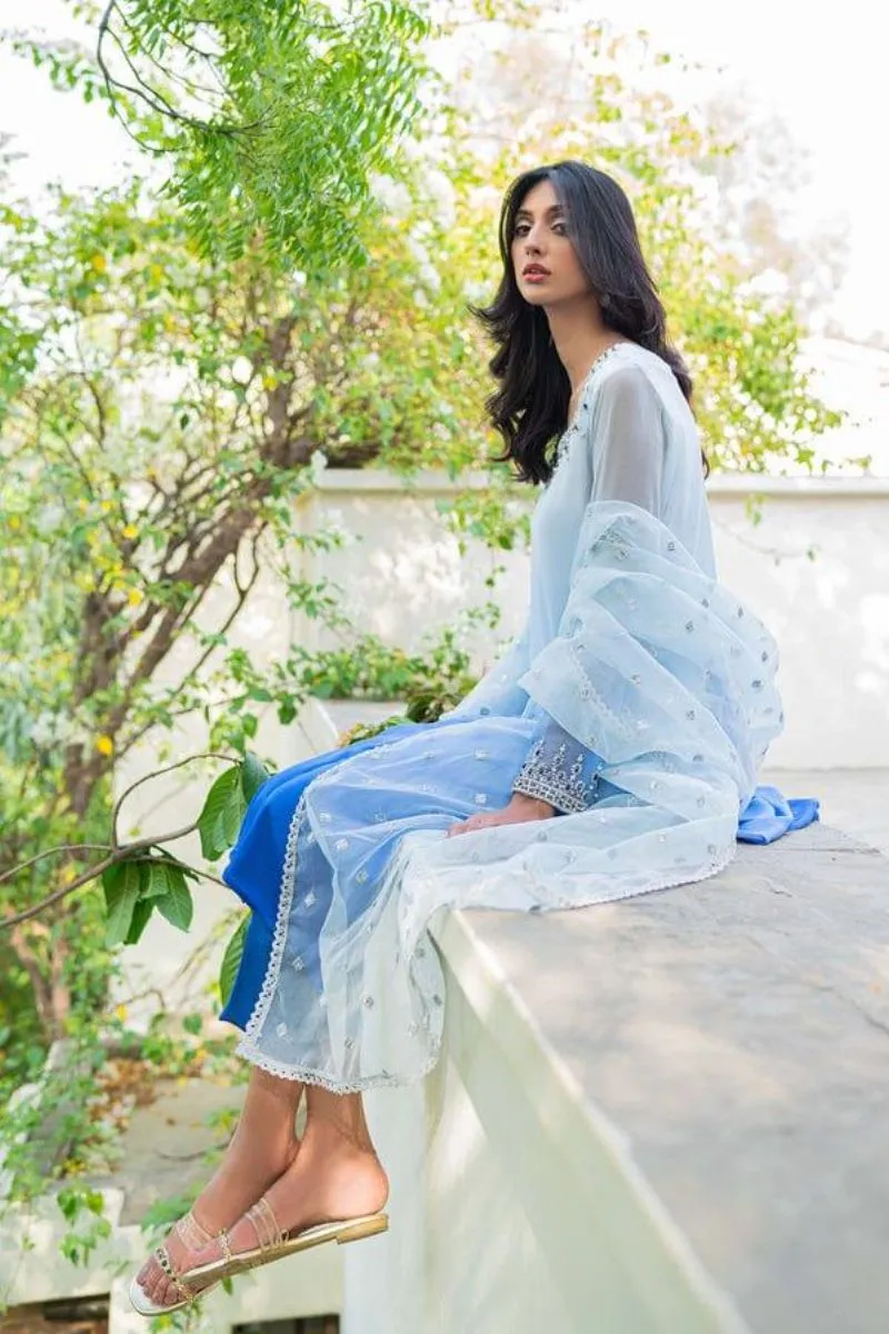 Natasha Kamal - Sky Blue Chiffon Shirt and Raw Silk Pants with Organza Dupatta - 3 Pieces