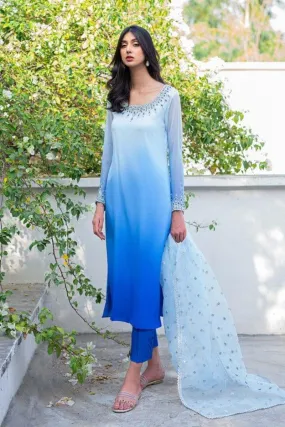 Natasha Kamal - Sky Blue Chiffon Shirt and Raw Silk Pants with Organza Dupatta - 3 Pieces