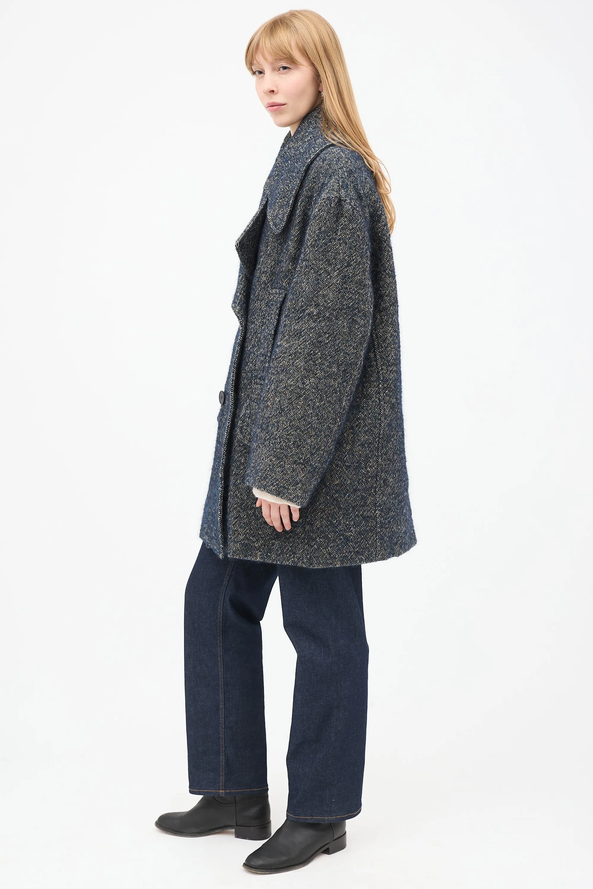 Navy & Grey Linen & Wool Tweed Oversized Pea Coat