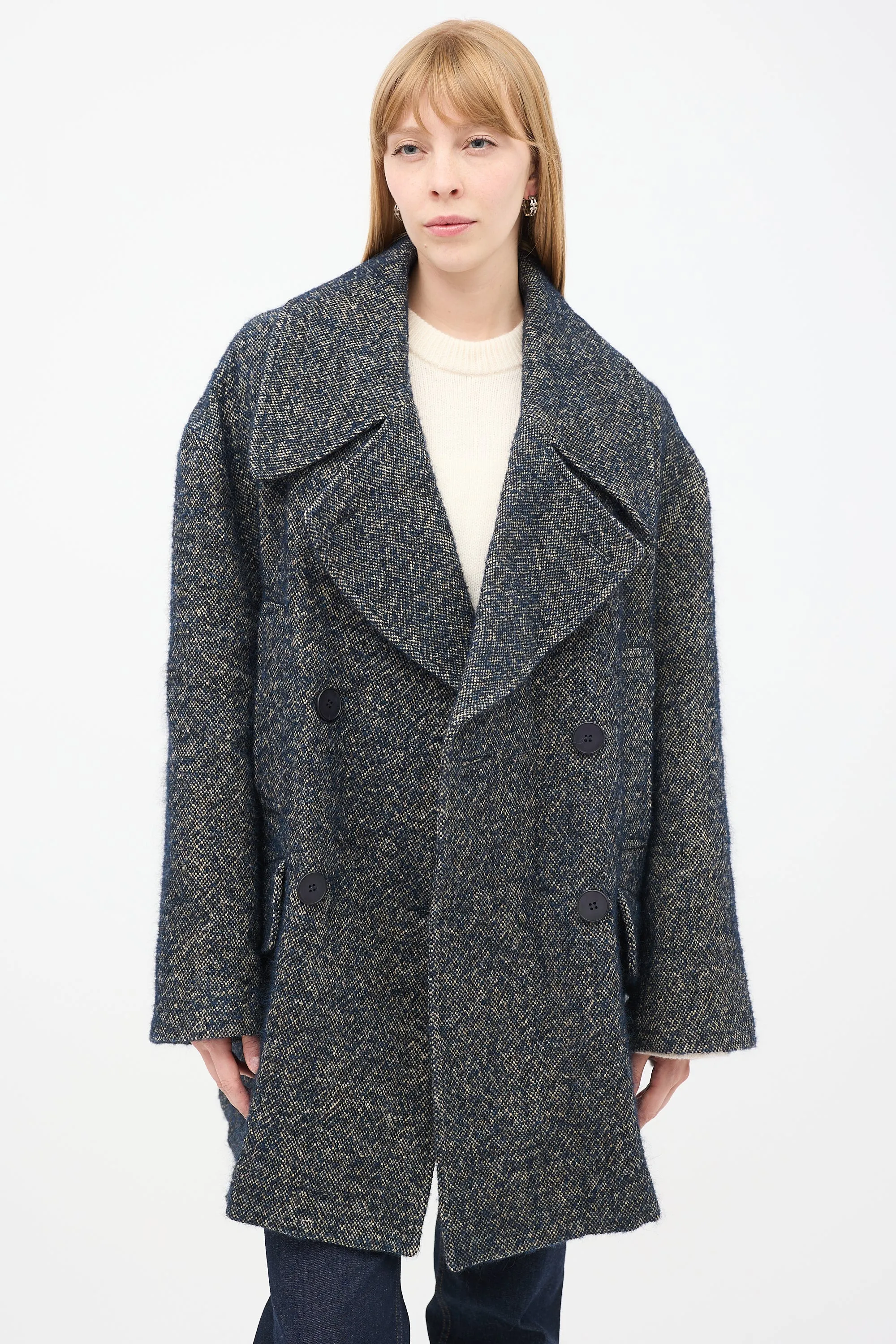 Navy & Grey Linen & Wool Tweed Oversized Pea Coat