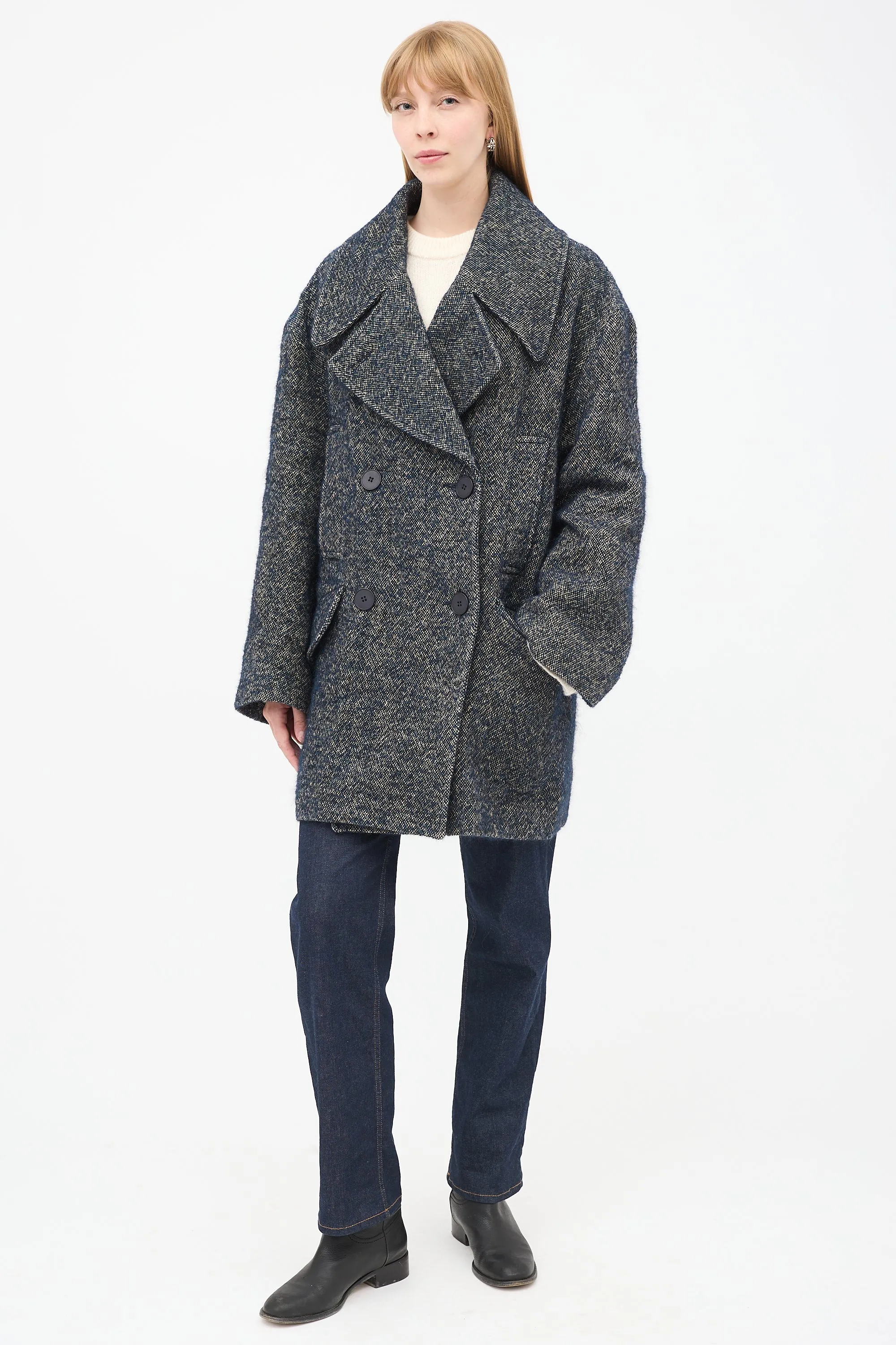 Navy & Grey Linen & Wool Tweed Oversized Pea Coat