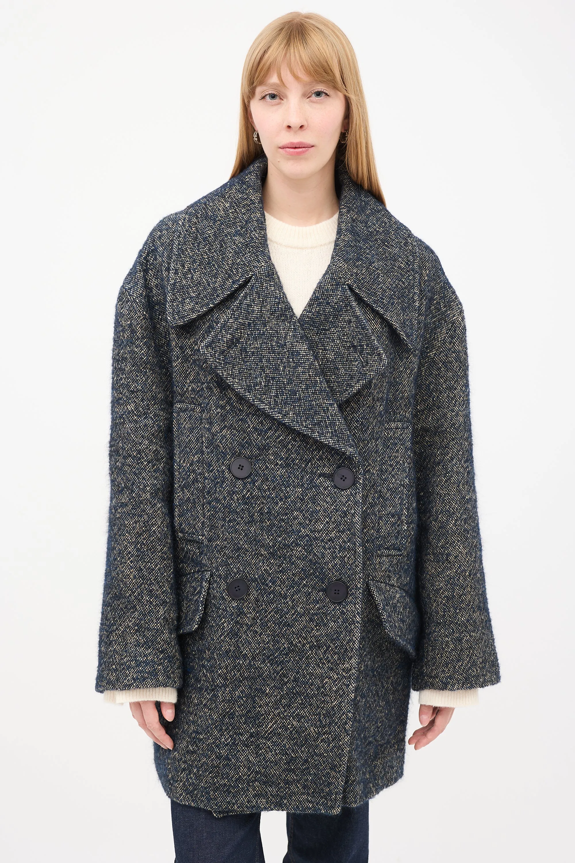 Navy & Grey Linen & Wool Tweed Oversized Pea Coat