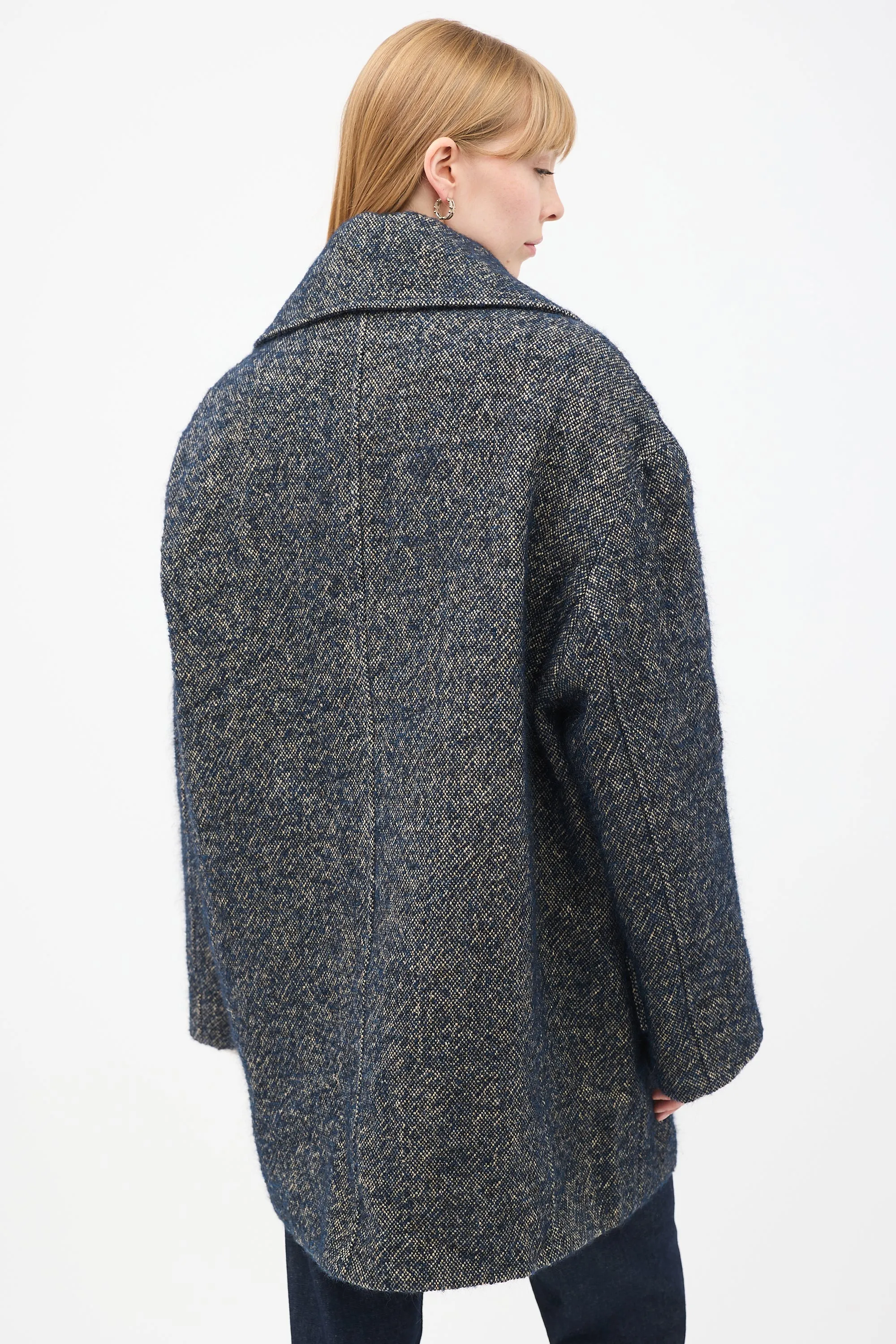 Navy & Grey Linen & Wool Tweed Oversized Pea Coat