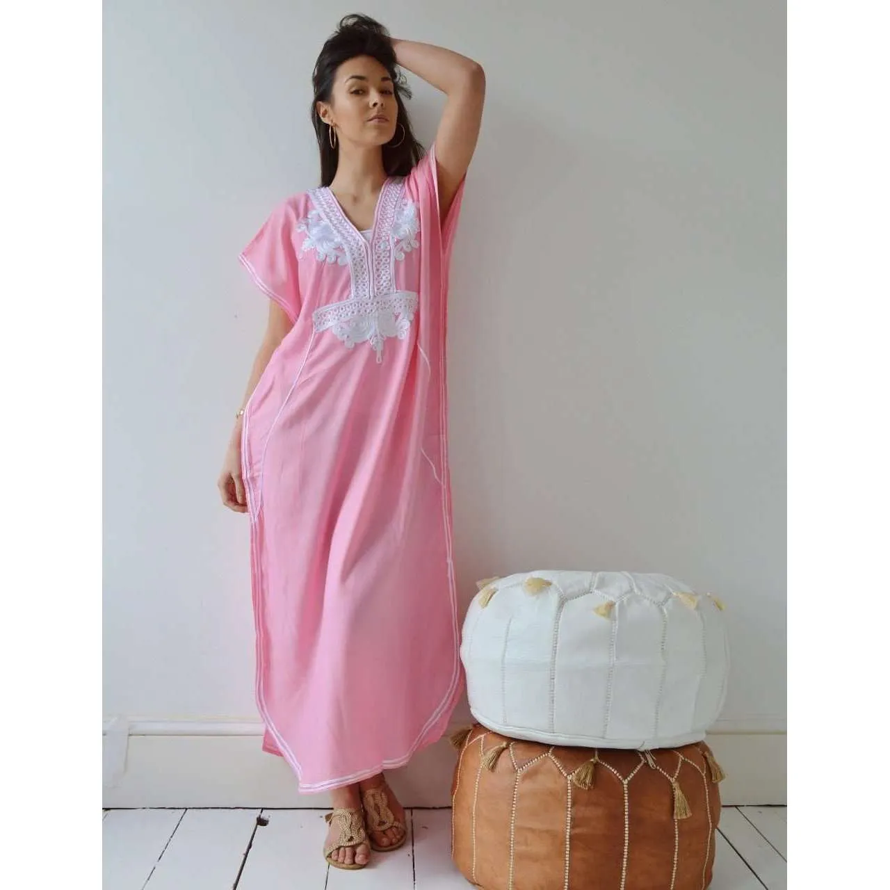 New Pink Marrakech Resort Lounge Wear Caftan Kaftan with White Embroidery-Moroccan Kaftan