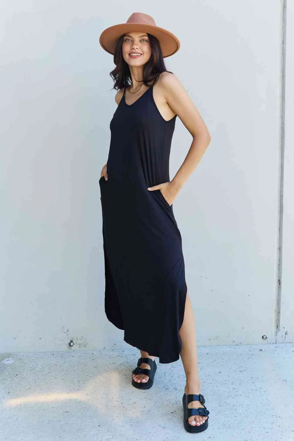 Ninexis Good Energy Full Size Cami Side Slit Maxi Dress in Black