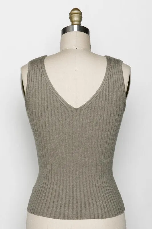 Ofelia Ribbed V-Neck Sleeveless Sweater Top in Vintage Olive