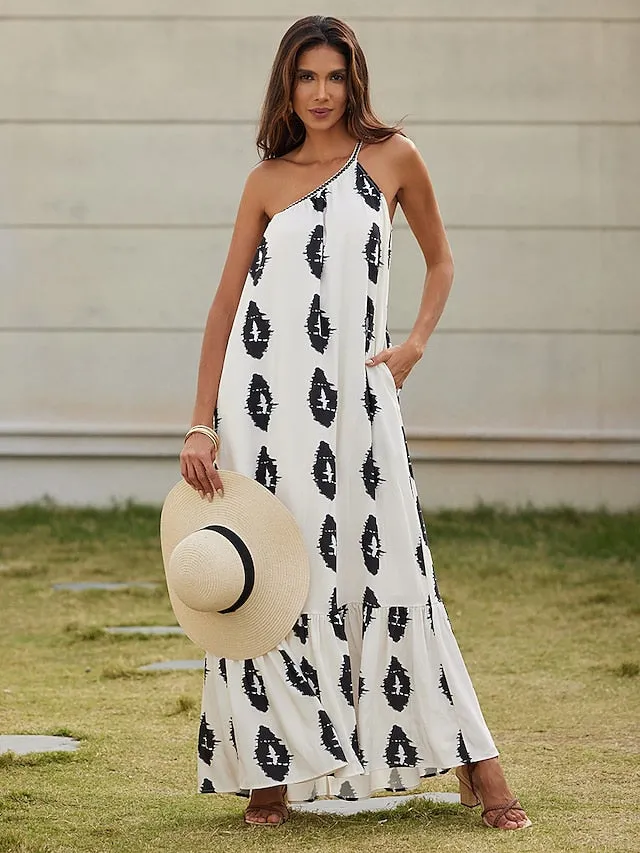 One Shoulder White Maxi Print Dress