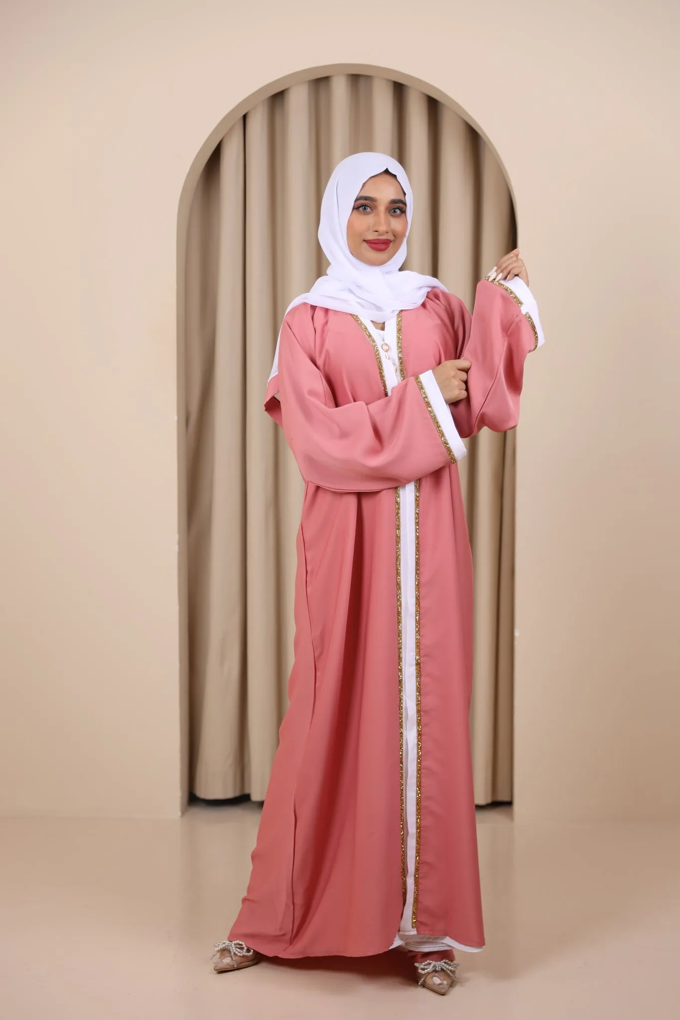 Open Glitter Abaya - Pink