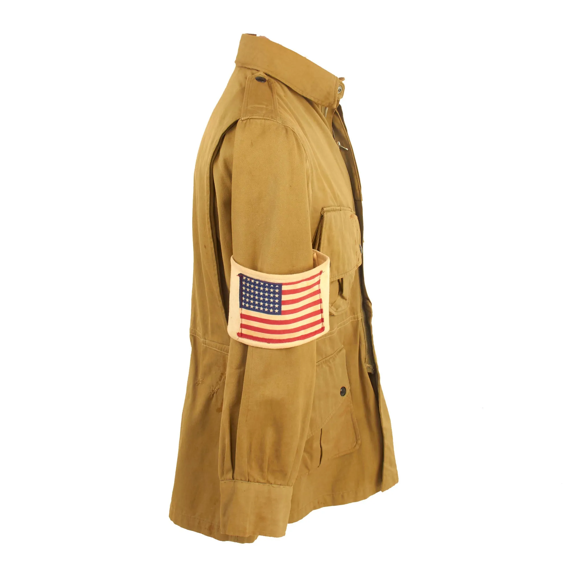 Original U.S. WWII 82nd Airborne Division M1942 Paratrooper Jump Jacket without Reinforcements with British Made American Flag Invasion Armband and Laundry Number Marked Trousers