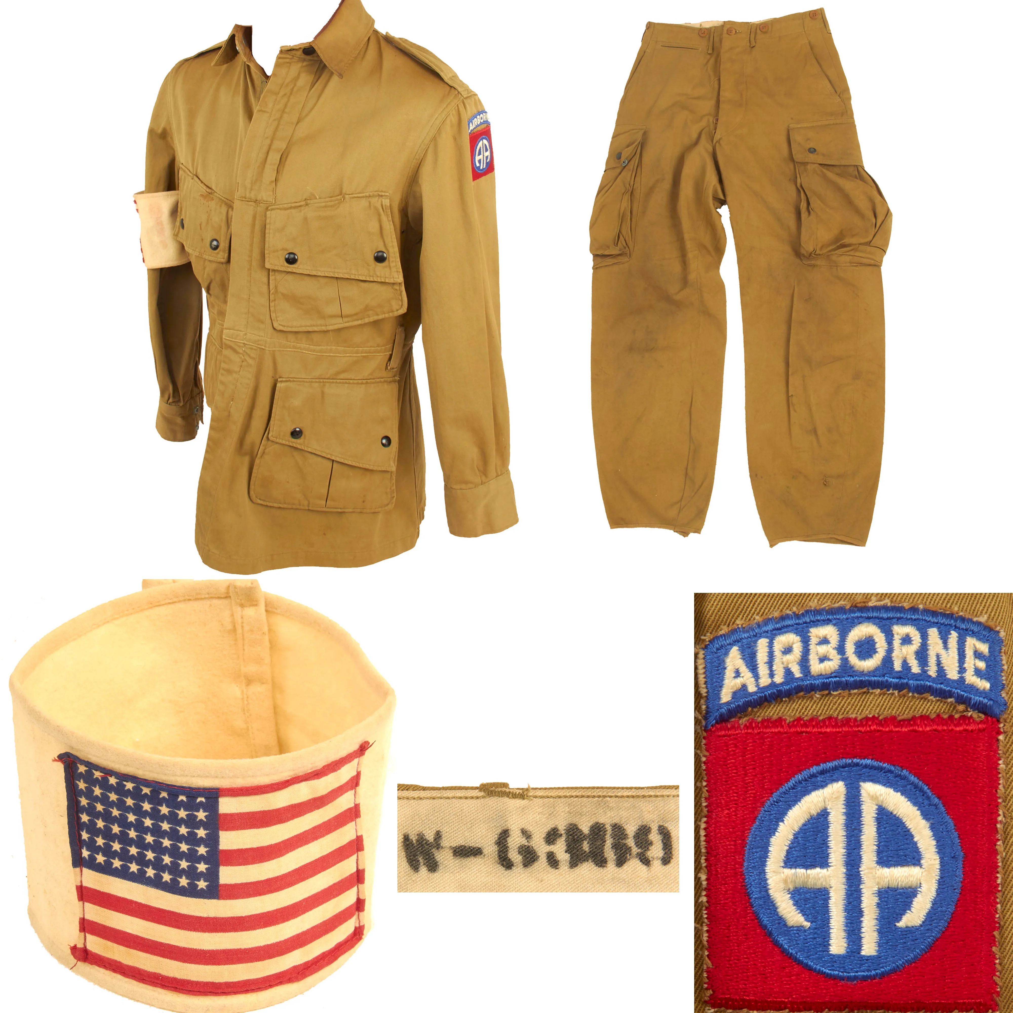 Original U.S. WWII 82nd Airborne Division M1942 Paratrooper Jump Jacket without Reinforcements with British Made American Flag Invasion Armband and Laundry Number Marked Trousers