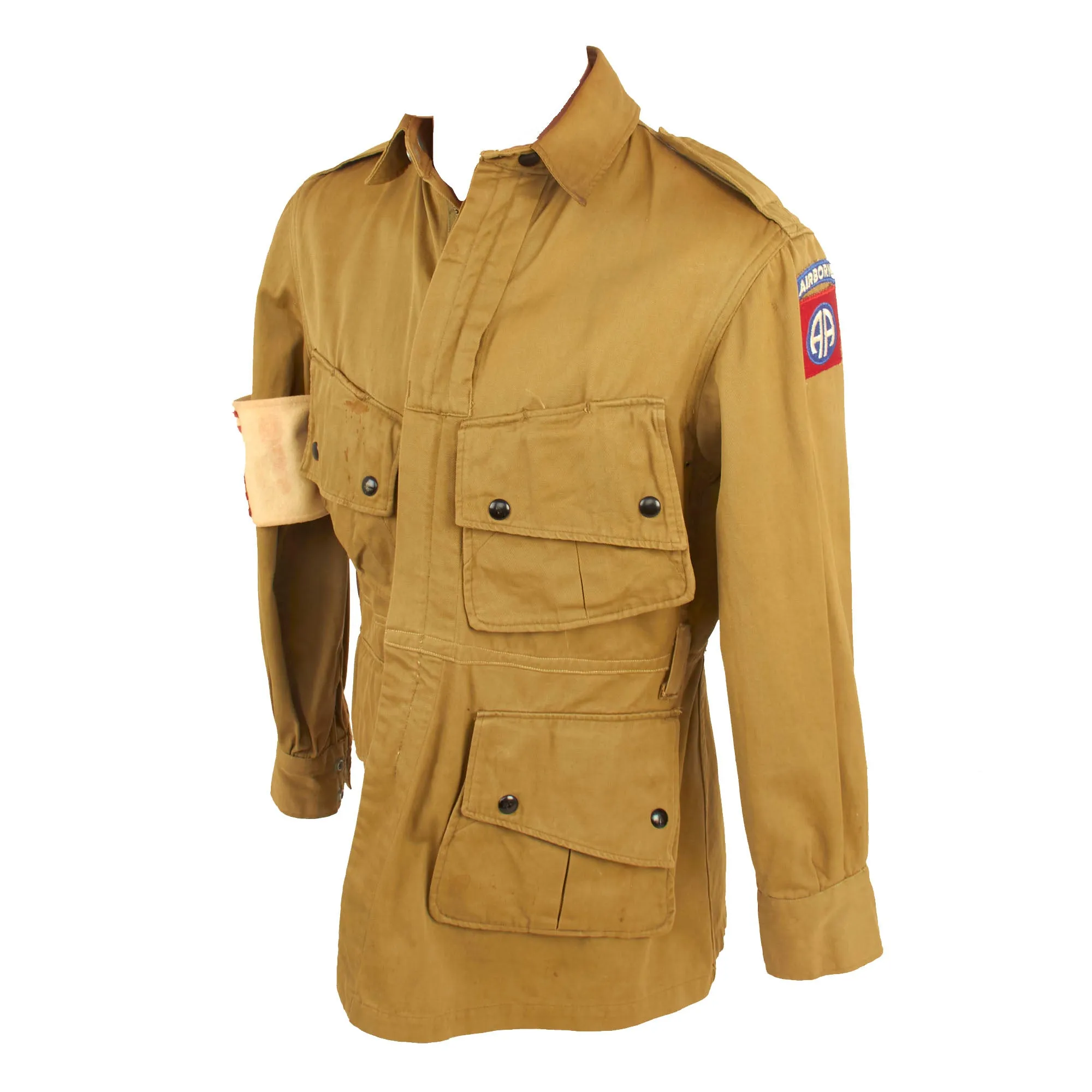 Original U.S. WWII 82nd Airborne Division M1942 Paratrooper Jump Jacket without Reinforcements with British Made American Flag Invasion Armband and Laundry Number Marked Trousers