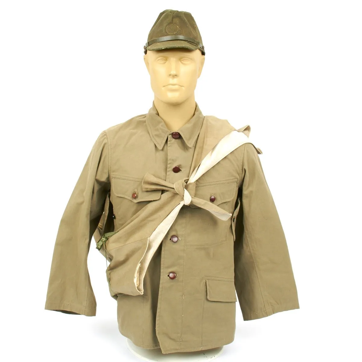 Original WWII Japanese Infantry Battle Uniform Set with Horseshoe Roll and Caps