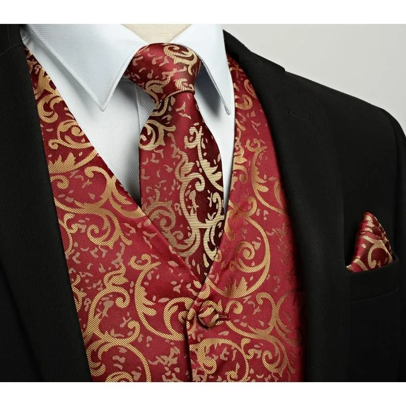 Paisley Floral 3pc Suit Vest Set - A-BURGUNDY FLORAL