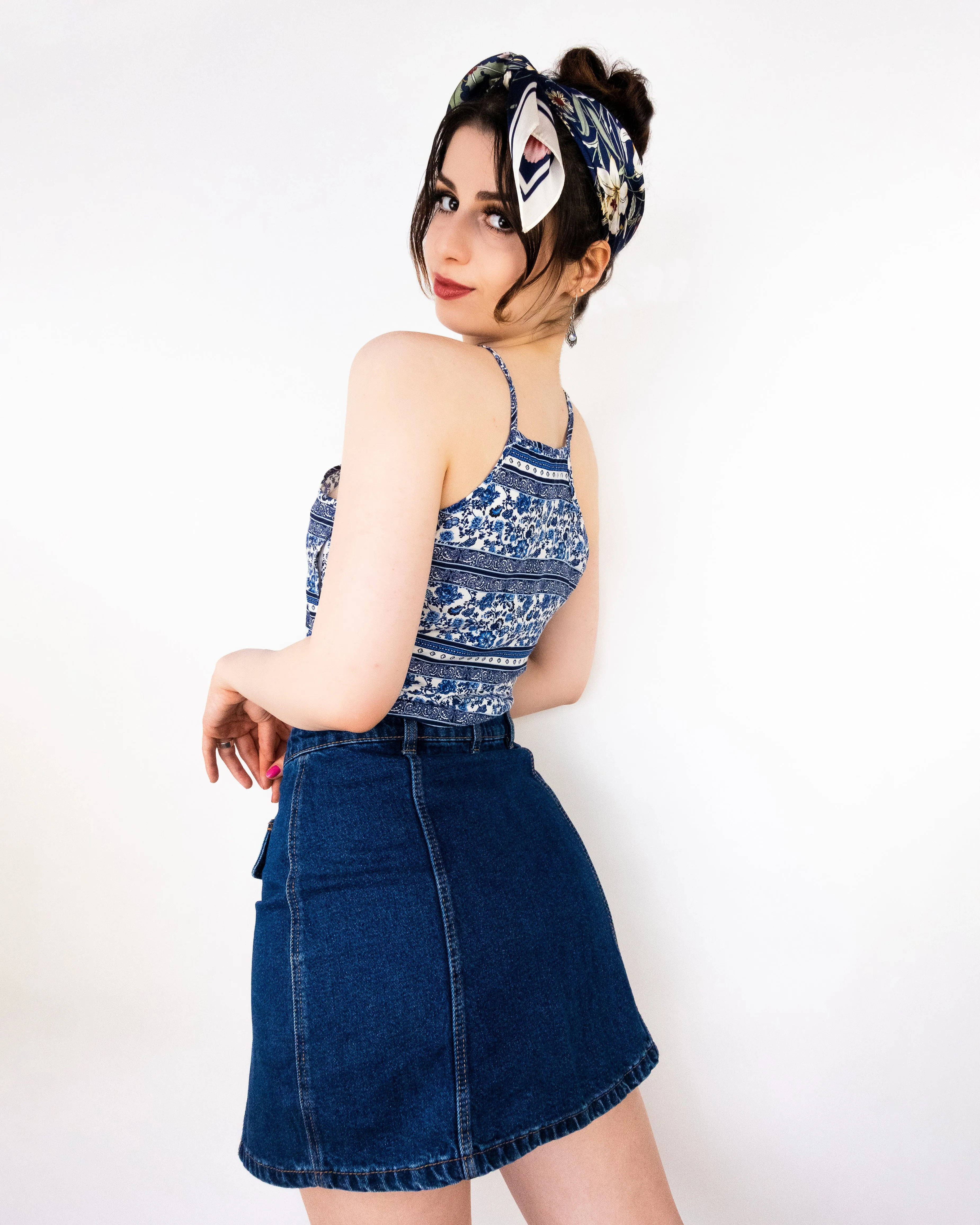 Paisley Striped Halter Crop Top Blue