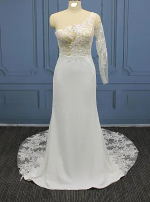 Pearl Beaded Lace Crepe Satin Lace Train Mermaid Wedding Gown