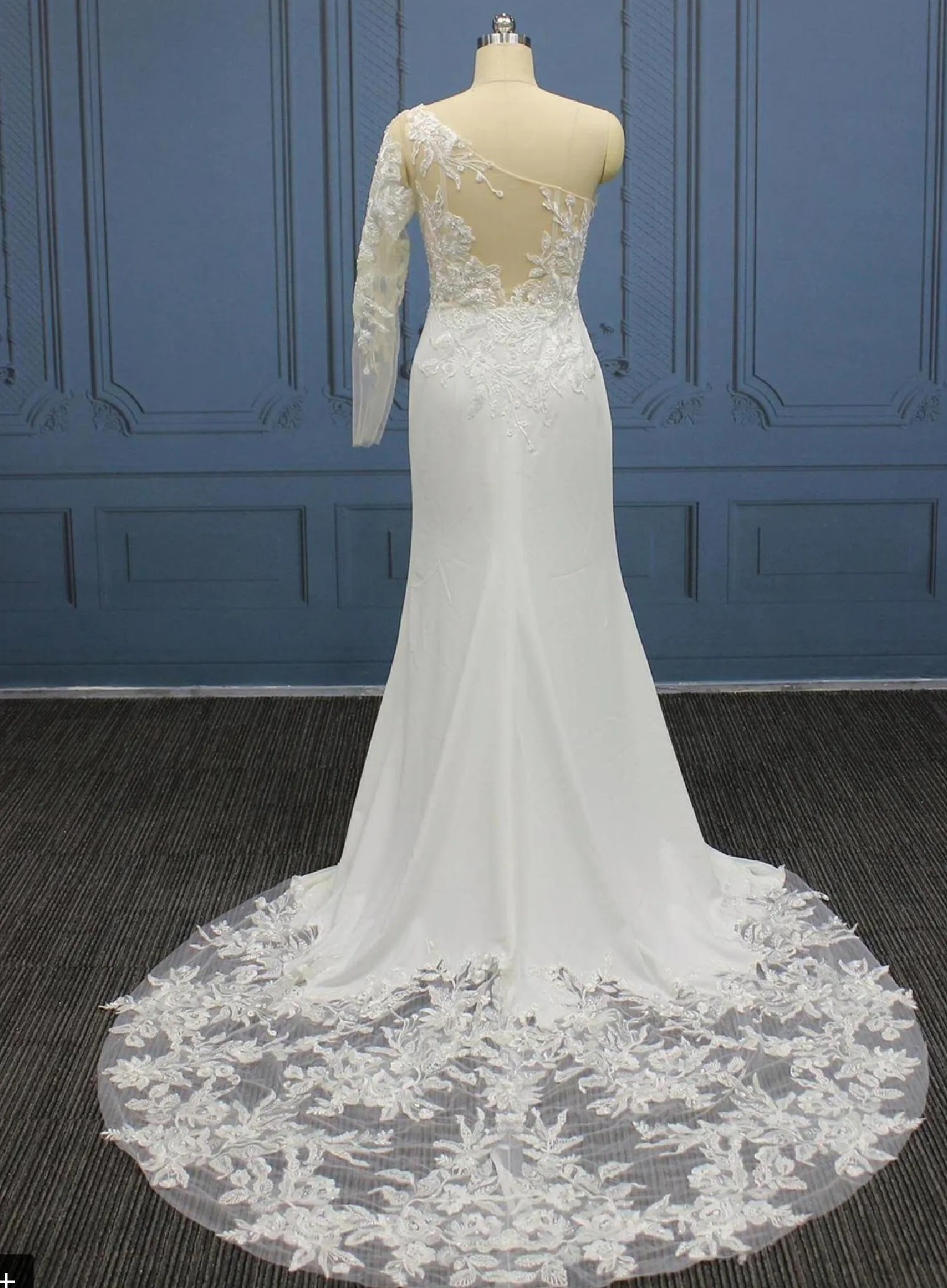 Pearl Beaded Lace Crepe Satin Lace Train Mermaid Wedding Gown