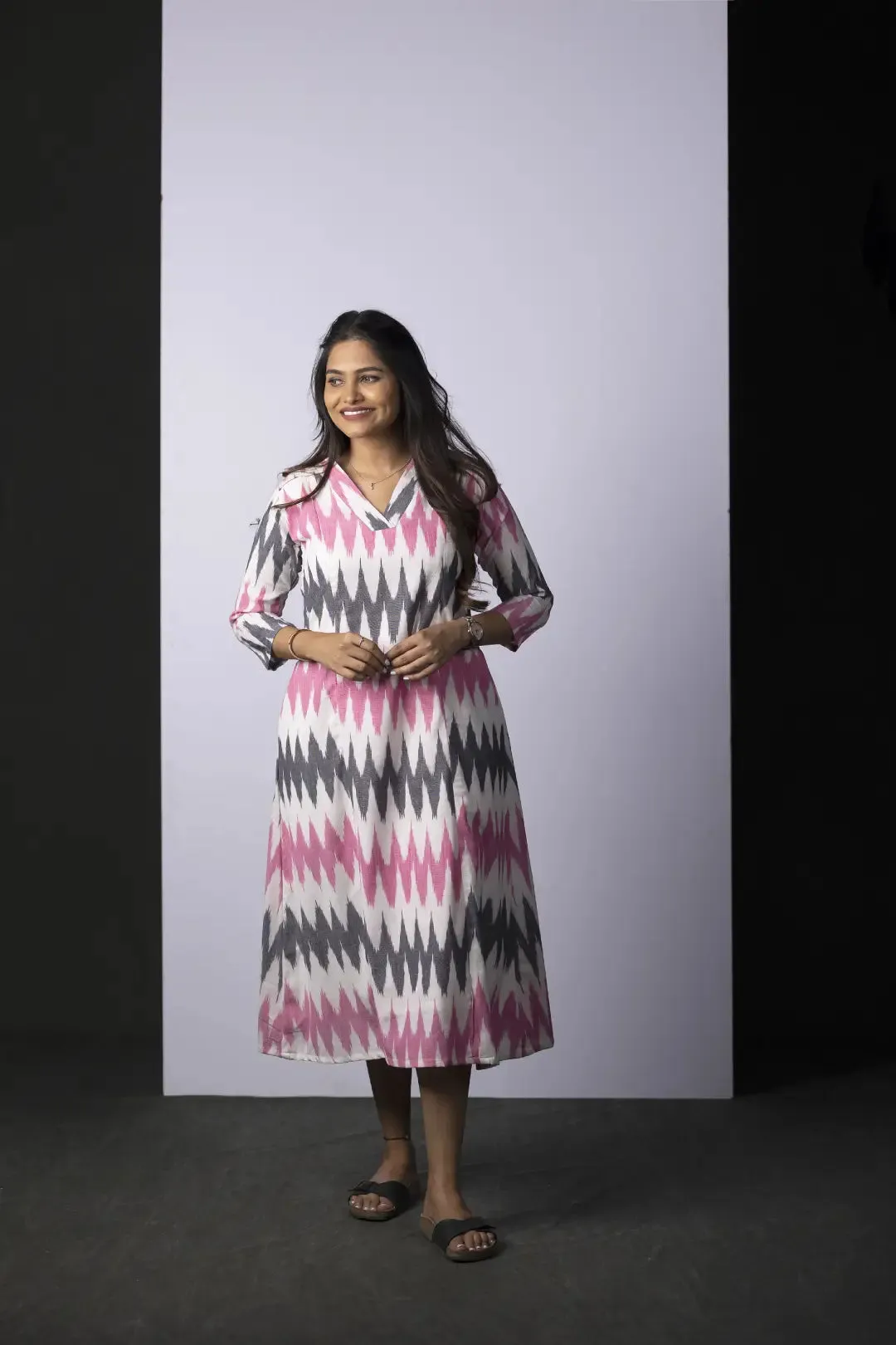 Pink and Grey Ikkat Nursing Dress