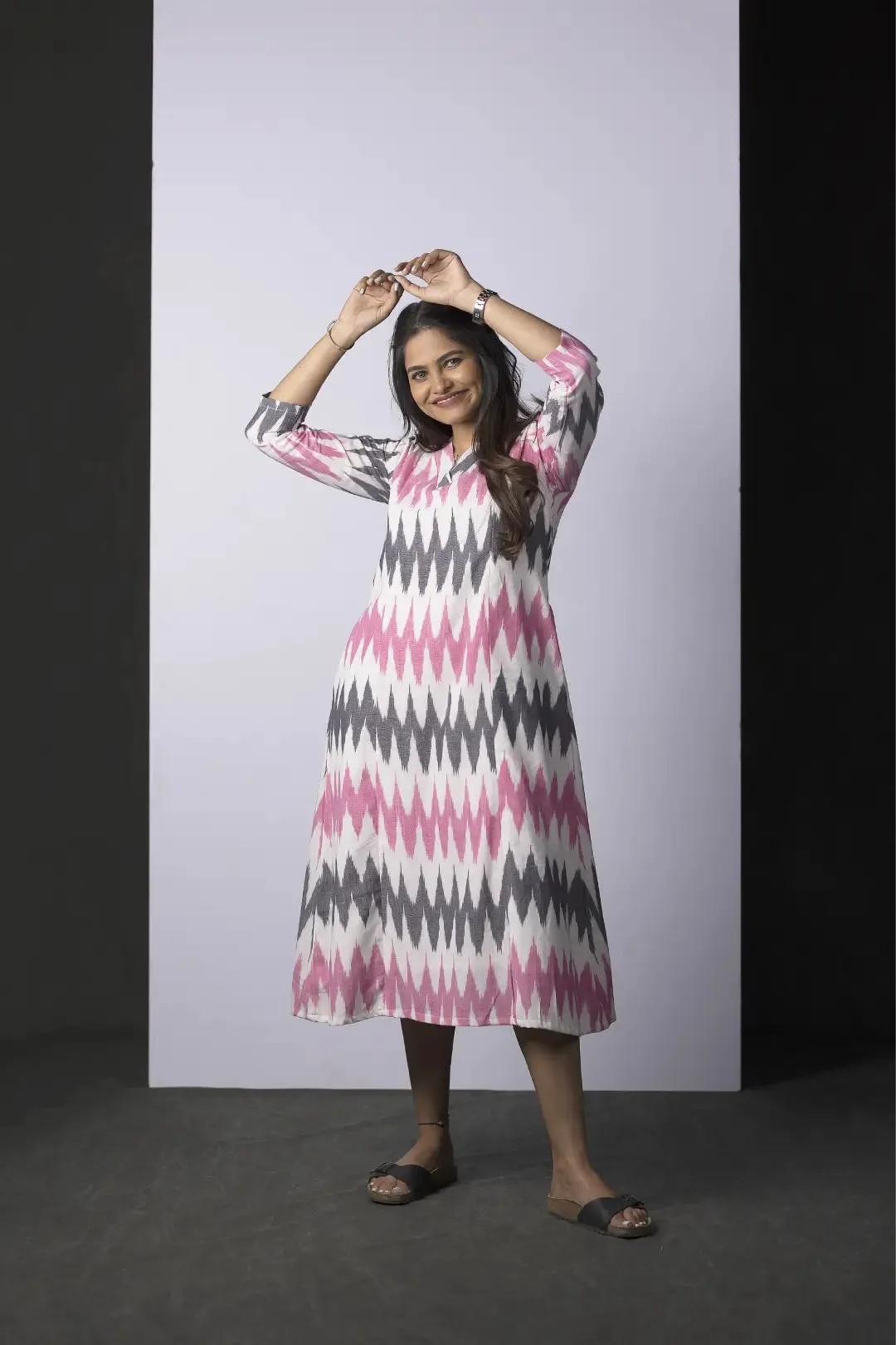 Pink and Grey Ikkat Nursing Dress