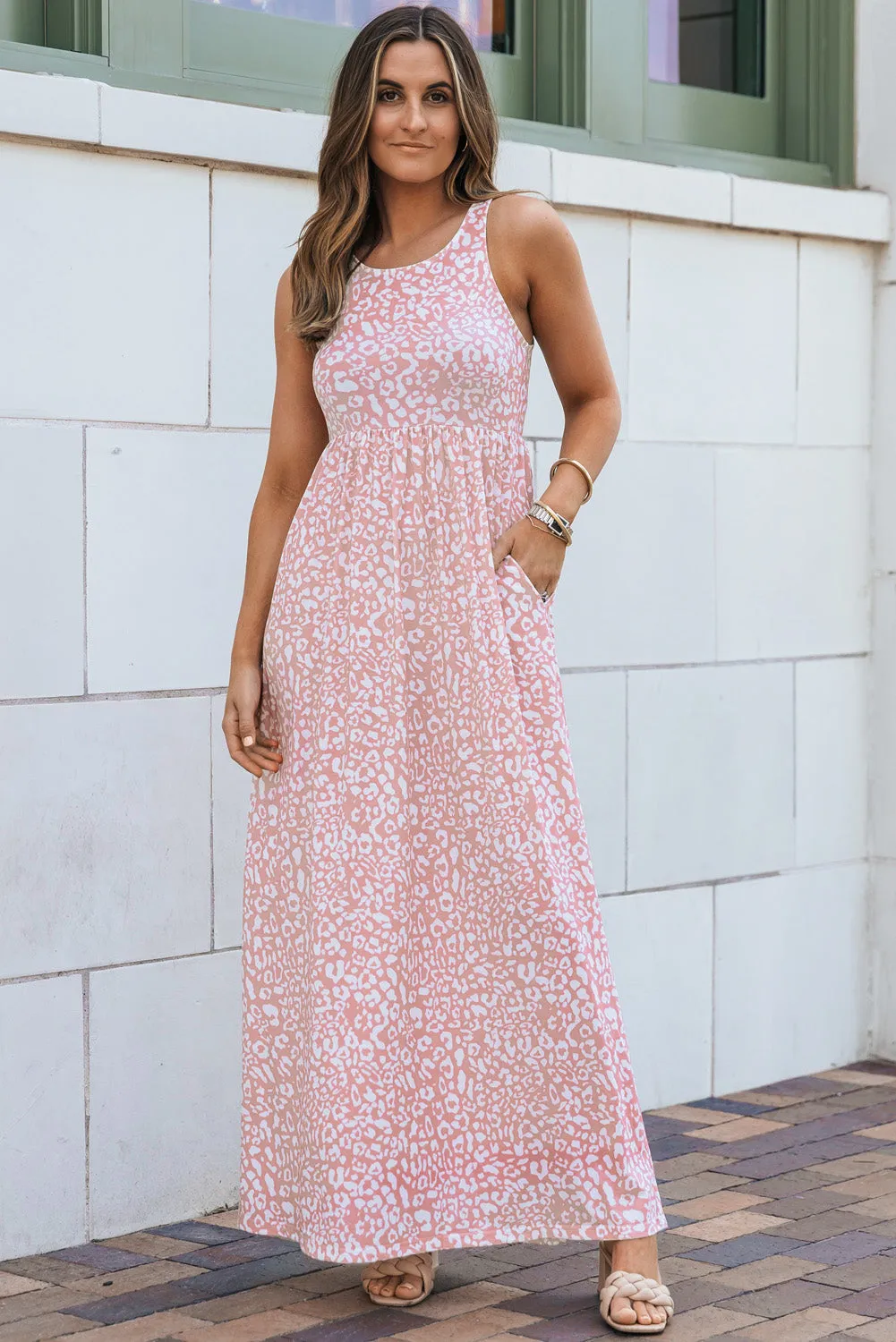 Pink Leopard Print Pocketed Sleeveless Maxi Dress