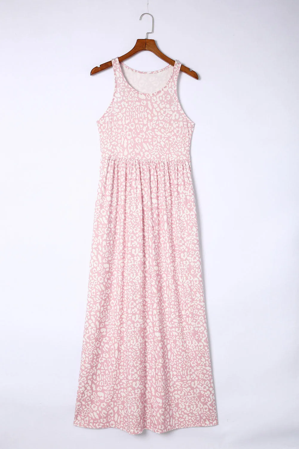 Pink Leopard Print Pocketed Sleeveless Maxi Dress