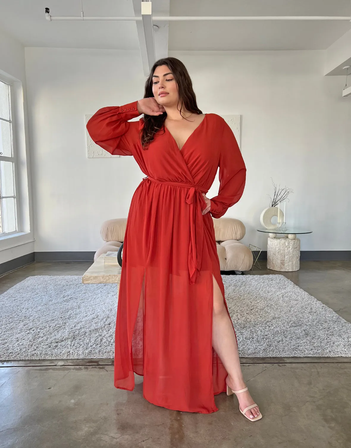 Plus Size Chiffon Long Sleeve Maxi Dress