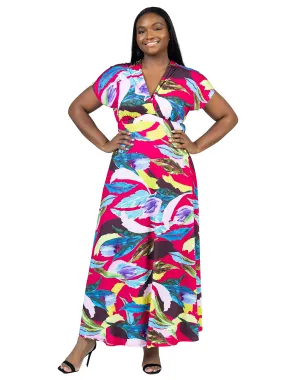 Plus Size Floral Print V Neck Empire Waist Kimono Cap Sleeve Maxi Dress